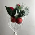 Close-up detail of artificial Christmas pick with red ornament ball, gift box and pine needles - Decorative Pick Style / Multicolor Pick