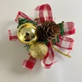 Christmas red and white checkered bow decoration with pine cone and gold baubles - Red And White Plaid Bowknot Style / Gold