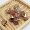 Hexagonal faceted strawberry quartz charms with gold caps for DIY jewelry making. - 8x13mm / Strawberry Quartz Style (14)