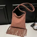 Elegant brown faux suede retro fringe tote bag with long adjustable crossbody strap - Brown