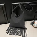 Stylish vintage black matte fringe tote bag with large capacity and long shoulder strap - Black