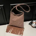 Stylish vintage brown fringe crossbody tote bag featuring premium soft suede texture - Brown