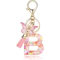 Pink resin letter B keychain with heart sequins, butterfly charm and pink tassel - Letter B
