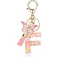 Initial F keychain with heart sequins pink butterfly and tassel in gold finish charm - Letter F