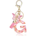 Pink resin letter G keychain featuring heart sequins with butterfly and tassel charms - Letter G