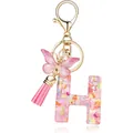 Elegant pink resin letter H keychain featuring heart sequins butterfly and tassel charms - Letter H