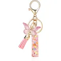 Pink letter I keychain with butterfly charm and colorful heart sequins in resin - Letter I