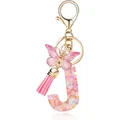 Elegant gold keychain featuring a resin letter J with pink heart sequins and a tassel charm - Letter J