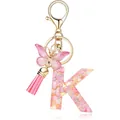 Pink resin heart sequin letter K keychain with butterfly and tassel - Letter K