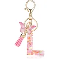 Personalized pink resin initial L keychain with heart sequins and butterfly charm - Letter L
