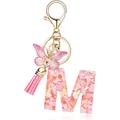 Initial M keychain with pink heart sequins, pearl butterfly charm and silk tassel - Letter M