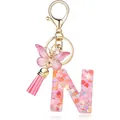 Charming pink heart sequin initial letter N keychain with butterfly and tassel - Letter N