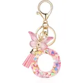 Pink heart sequin letter O resin keychain with butterfly and decorative tassel charm - Letter O