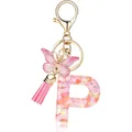 Pink heart sequin letter P keychain with butterfly charm and elegant pink tassel - Letter P