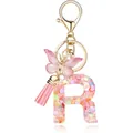 Heart sequin resin letter R keychain featuring a pink butterfly and soft tassel charm. - Letter R