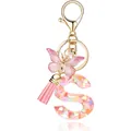 Charming pink letter S keychain featuring a glitter butterfly charm, tassel, and heart sequins. - Letter S