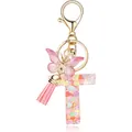 Golden letter T keychain with colorful heart sequins, pink butterfly and tassel - Letter T