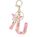Golden letter U keychain with colorful heart sequins, pink butterfly, and tassel - Letter U