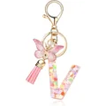 Handmade resin letter V keychain with pink butterfly charm and heart sequins for bags - Letter V