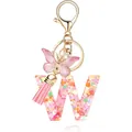 Pink resin letter W keychain with heart sequins butterfly and tassel bag charm - Letter W