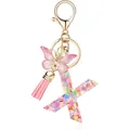 Handmade letter X resin keychain featuring pink butterfly, heart glitter and tassel - Letter X