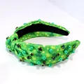 Green knotted headband for St. Patrick's Day with shamrocks, pearls and emerald rhinestones - Type A Clover Print Green With Rhinestone Pearl