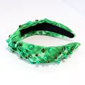 Vintage green shamrock knotted headband with emerald rhinestones and pearls hair band - Type B Clover Print Green With Rhinestone Pearl