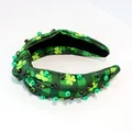 St. Patrick's Day green knotted headband with shamrocks, pearls and emerald rhinestones - Type C Clover Print Green With Rhinestone Pearl