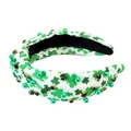 Green clover print knotted headband decorated with emerald pearls and crystals - Type D Clover Print White With Rhinestone Pearl
