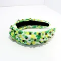 Vintage wide knotted headband featuring green shamrock prints and emerald green rhinestones - Type D Clover Print White With Rhinestone