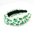 Green clover print knotted headband with sparkling green rhinestones for holiday hair - Type B Clover Print White With Rhinestone