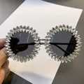 Fashionable rhinestone round sunglasses for stage performance and nightclub parties - White (Gray Lens/Silver Base)