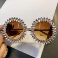 Fashionable rhinestone encrusted round sunglasses with brown UV400 lenses for party - Light Pink (Brown Lens/Gold Base)