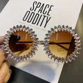 Fashionable rhinestone encrusted round sunglasses with brown UV400 lenses for party - Light Pink (Brown Lens/Gold Base)