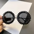 Trendy oversized round sunglasses with black rhinestone studs for party and stage wear - Black (Gray Lens/Silver Base)