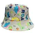 Close-up of children's khaki bucket hat featuring colorful dinosaur prints and ROAR text. - Khaki Dinosaur / Hat Circumference 52cm