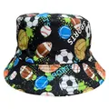 Detailed view of a kids sports theme bucket hat with soccer, football and baseball prints. - Rugby Soccer / Hat Circumference 52cm