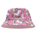 Close-up of pink children's bucket hat featuring a colorful unicorn and rainbow print pattern - Rose Red Unicorn / Hat Circumference 52cm