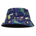 Close-up of children's blue bucket hat with space dinosaur pattern and rocket print - Blue Dinosaur / Hat Circumference 52cm