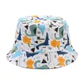 Close-up detail showing the colorful cartoon dinosaur pattern on kids reversible bucket hat - White Jurassic Dinosaur / Hat Circumference 52cm