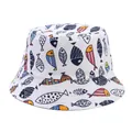 Close-up detail of children's white bucket hat featuring colorful cartoon fish patterns - White - Little Fish / Hat Circumference 52cm