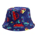 Detail view of a children's navy blue bucket hat featuring colorful cartoon car patterns - Dark Blue - Little Car / Hat Circumference 52cm