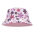 Close-up of children's floral bucket hat with vibrant purple and pink flower print patterns - Purple Flower / Hat Circumference 52cm