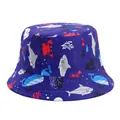 Vibrant close-up of a children's blue bucket hat with shark and crab patterns - Blue Purple - Shark / Hat Circumference 52cm
