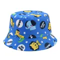 Close-up of children's blue bucket hat featuring cute cartoon animal prints and stars - Blue - Lion Elephant / Hat Circumference 52cm