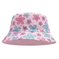 Close-up detail of children's pink bucket hat featuring colorful floral patterns for sun protection - Blue Flower / Hat Circumference 52cm