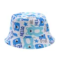 Close-up detail of children's blue cartoon bear bucket hat with Hello pattern - Blue - Hello Bear / Hat Circumference 52cm