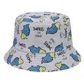 Close-up of children's bucket hat with dinosaur pattern and 'SMALL but STRONG' print. - Grey - Triceratops / Hat Circumference 52cm