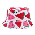 Close-up detail of cute cartoon watermelon patterns on children's white cotton bucket hat - Red - Watermelon / Hat Circumference 52cm