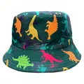 Children's sun protection bucket hat with vibrant colorful dinosaur pattern print - Dark Green Orange Dinosaur / Hat Circumference 52cm